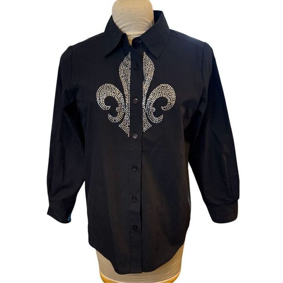 Quacker Factory Rhinestone Fleur de Lis Oversized Blouse Black Sz. S Stretch - Picture 1 of 7
